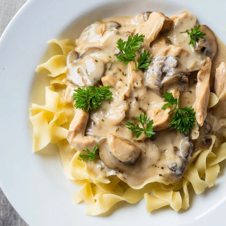 Steam rises from a hearty serving of Chicken and Mushroom Stroganoff, paired with egg noodles, perfect for a cozy weeknight family dinner.