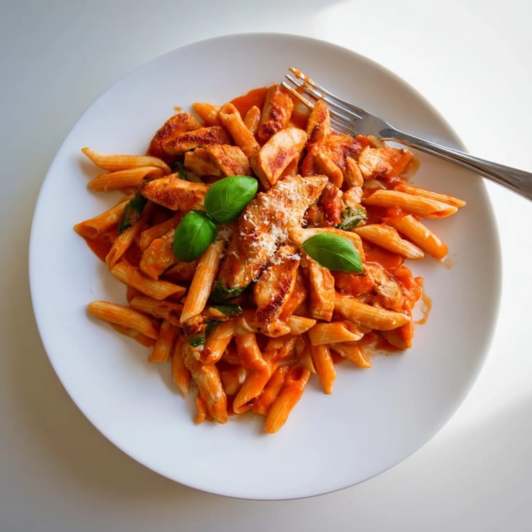 A hearty bowl of Spicy Tomato Chicken Pasta featuring juicy chicken, al dente penne, and a rich, spicy tomato sauce perfect for weeknight dinners.  