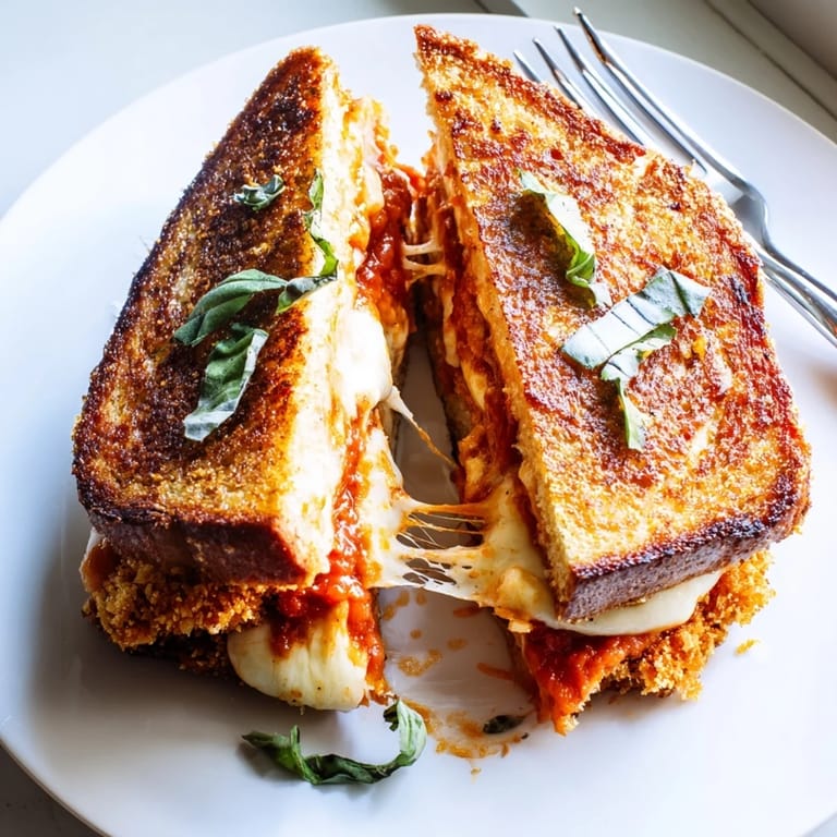 A close-up of a Chicken Parm Grilled Cheese sandwich cut in half, revealing layers of zesty marinara sauce, gooey mozzarella, and juicy chicken.  