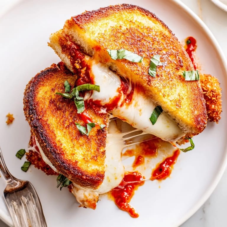 Freshly grilled Chicken Parm Grilled Cheese sandwiches served on a white plate with a side of marinara for dipping and a sprinkle of parmesan.