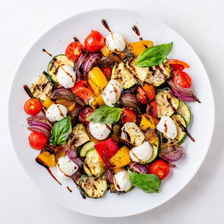 Colorful Roasted Veggie Caprese Salad drizzled with balsamic glaze and extra-virgin olive oil.