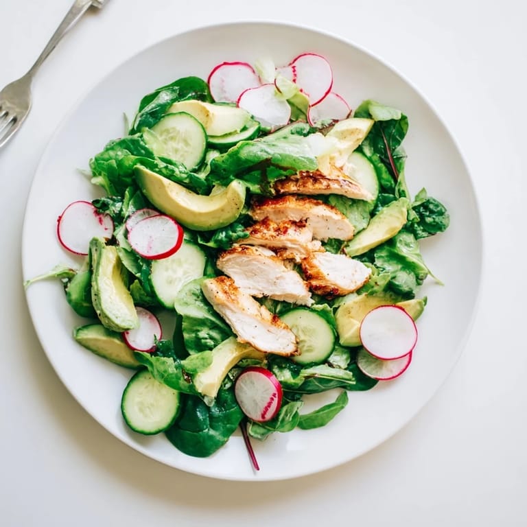 A close-up of Spring Detox Chicken Salad shows zesty lemon vinaigrette drizzled over mixed greens and tender grilled chicken.  