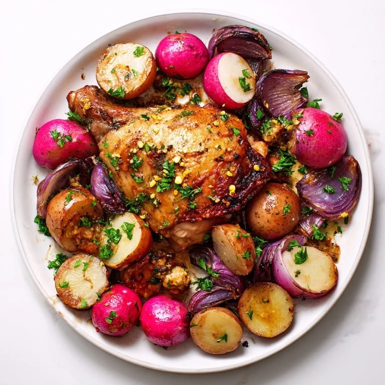Golden roasted chicken thighs and halved radishes on a parchment-lined baking sheet.