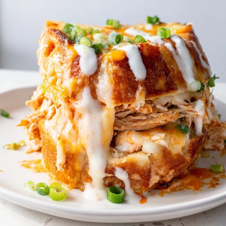 A close-up of a Buffalo Chicken Ranch Grilled Cheese on a wooden board, steam rising from the melted cheese and spicy filling.
