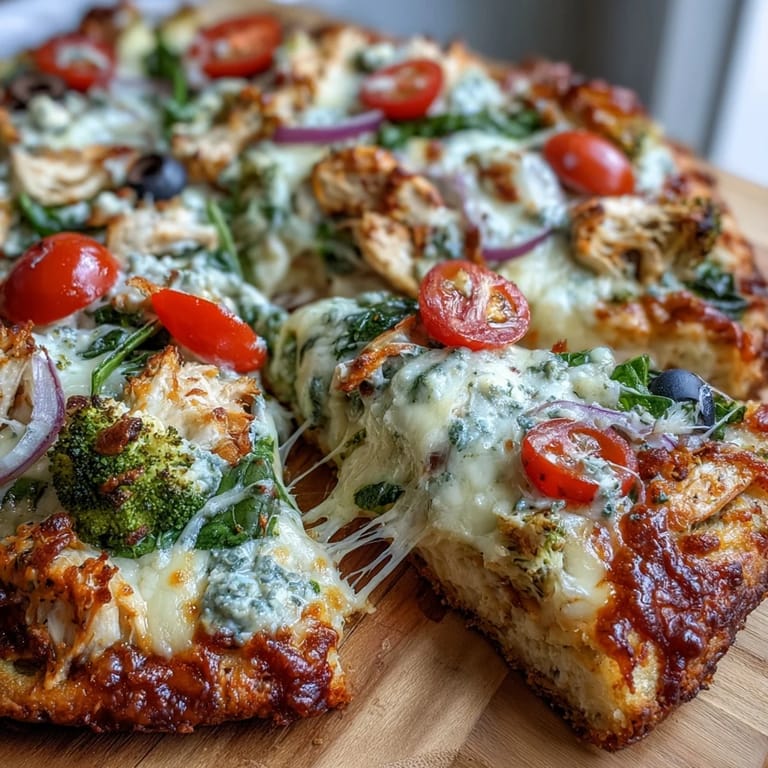 A rustic kitchen scene showcasing a whole Broccoli Chicken Crust Pizza, garnished with fresh basil, ready to be sliced for a low-carb family dinner.