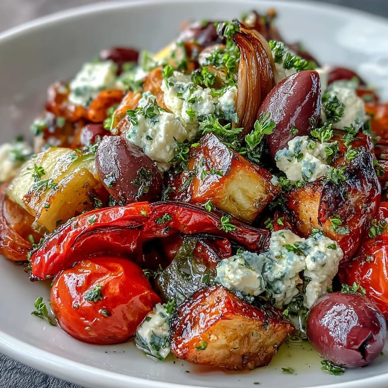 Golden caramelized vegetables in Roasted Greek Salad with crumbled feta and olives, perfect alongside grilled pita bread.