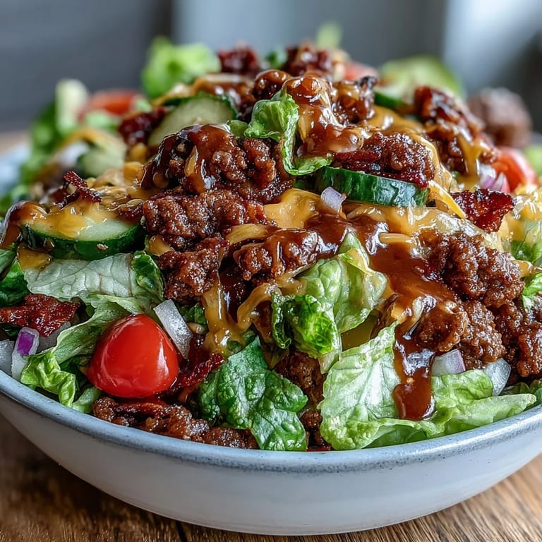 Juicy ground beef crowns this Easy Big Mac in a Bowl, drizzled with creamy special sauce perfection.