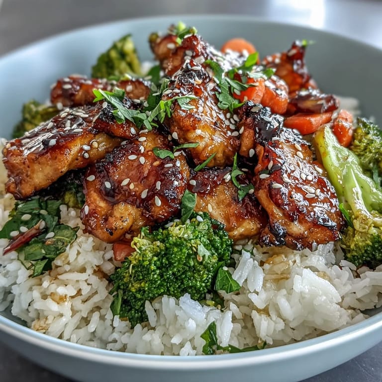 One Pan Honey Garlic Chicken Broccoli Rice features tender chicken thighs and carrots simmered in savory broth for an easy, cozy dinner.  