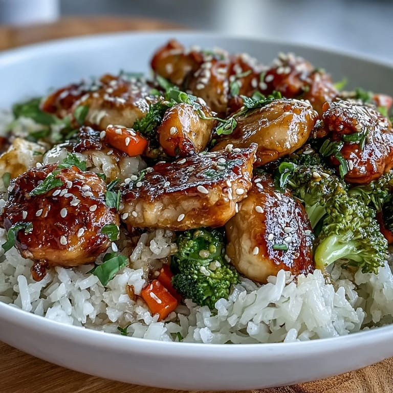 Savory One Pan Honey Garlic Chicken Broccoli Rice garnished with sesame seeds and green onions, served steaming hot from the skillet.