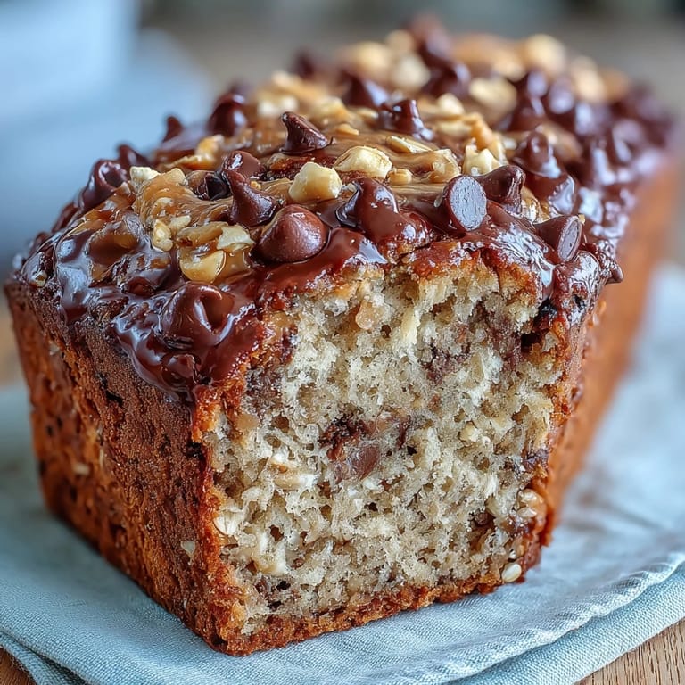 Golden brown slice of banana bread, bursting with peanuts, oats, and chocolate.