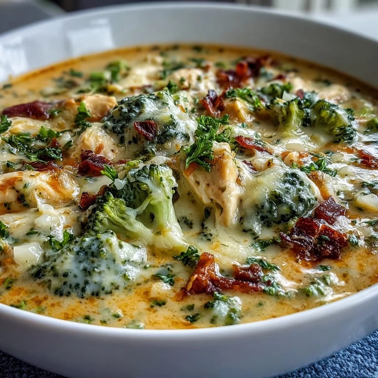 This hearty Chicken Broccoli Cheddar Soup showcases tender chicken and a rich, cheesy broth.