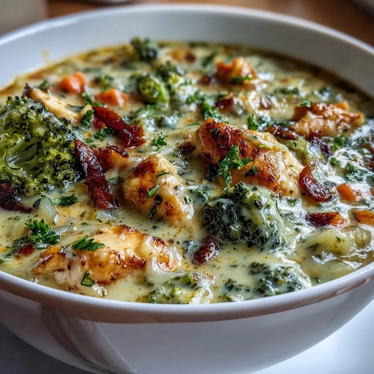 A steaming bowl of Chicken Broccoli Cheddar Soup, perfect for a delicious comfort meal.