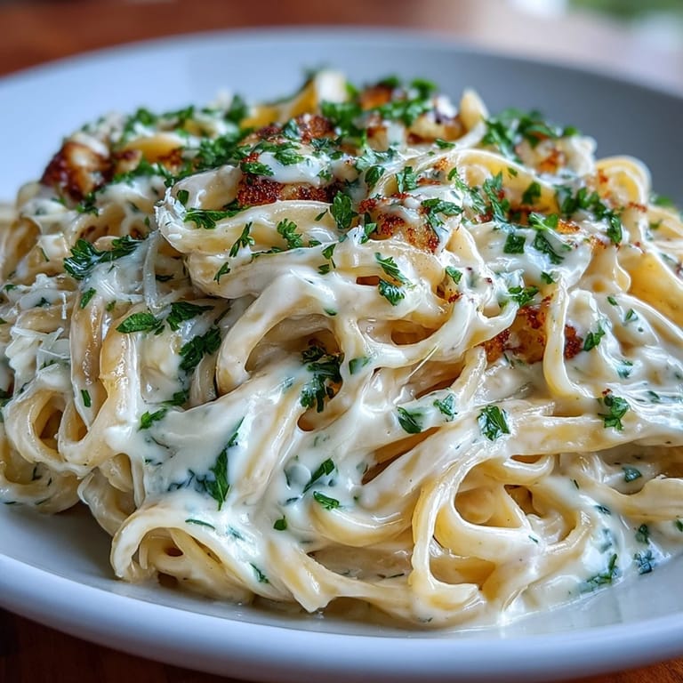 Steaming bowl of easy cauliflower Alfredo pasta with fresh herbs and parmesan, ready to serve as a family dinner.