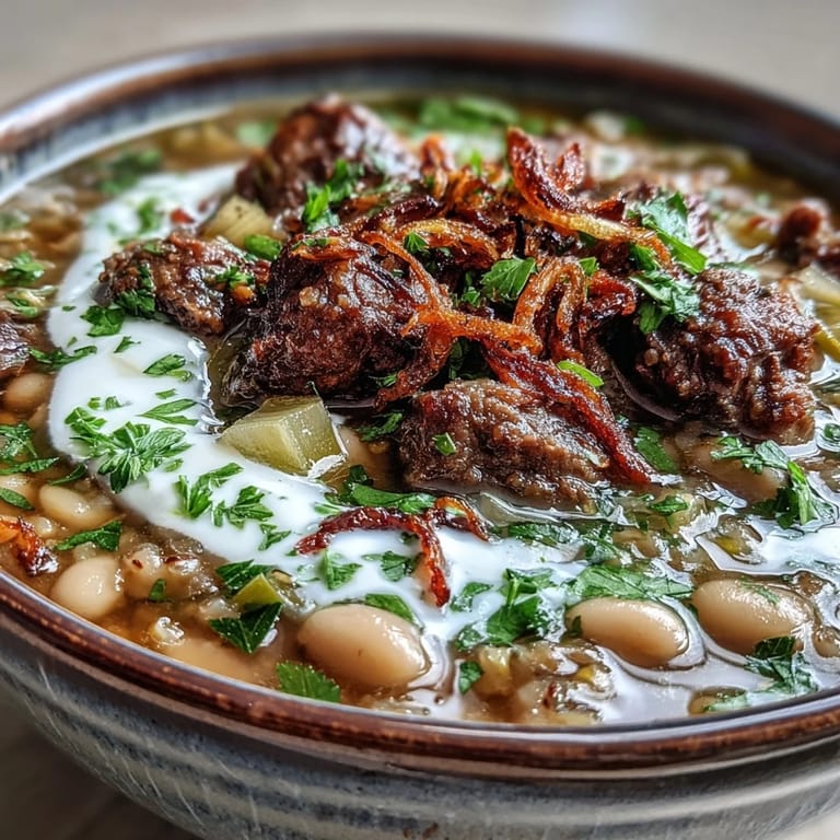 A close-up of Beef Barley Soup served in a rustic bowl, topped with crispy fried onions, mint, and a dollop sour cream.