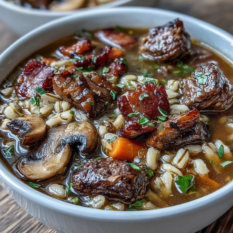 Close-up of Beef and Barley Soup with Mushrooms in a rustic bowl, with crusty bread for dipping.