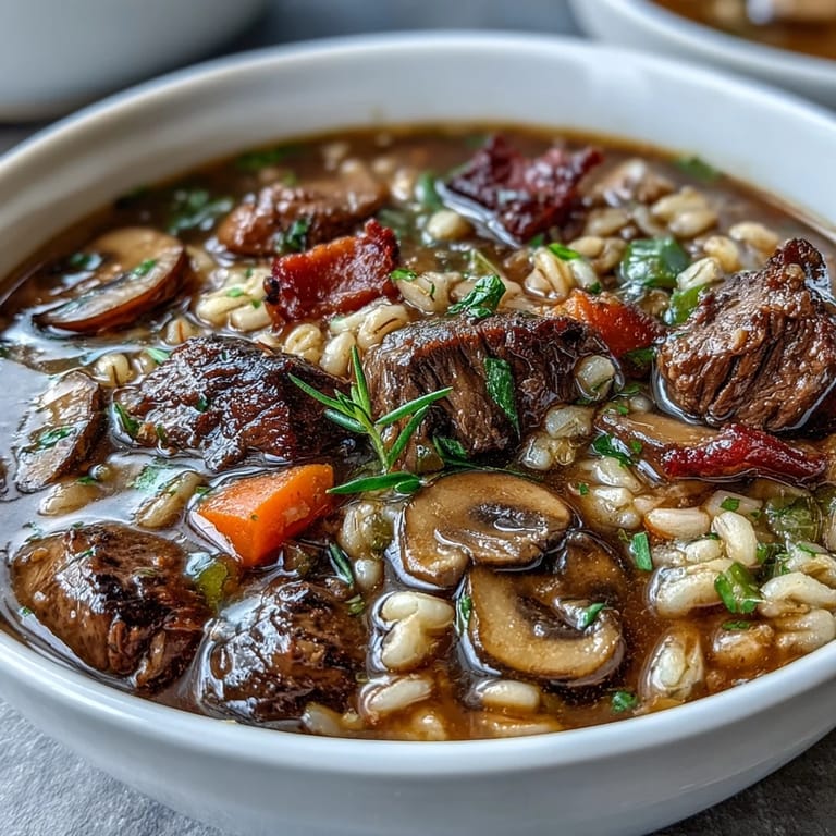 Hearty Beef and Barley Soup with Mushrooms ladled from a Dutch oven, rich with herbs and veggies.