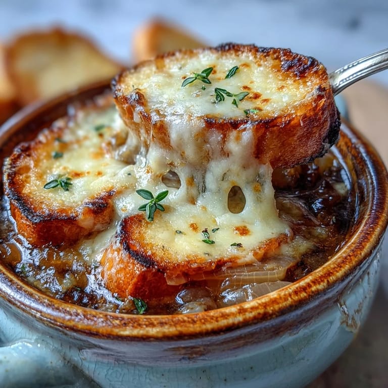 Rich French Onion Soup served in a rustic ceramic bowl, featuring deep brown broth and a crusty cheese-topped slice.