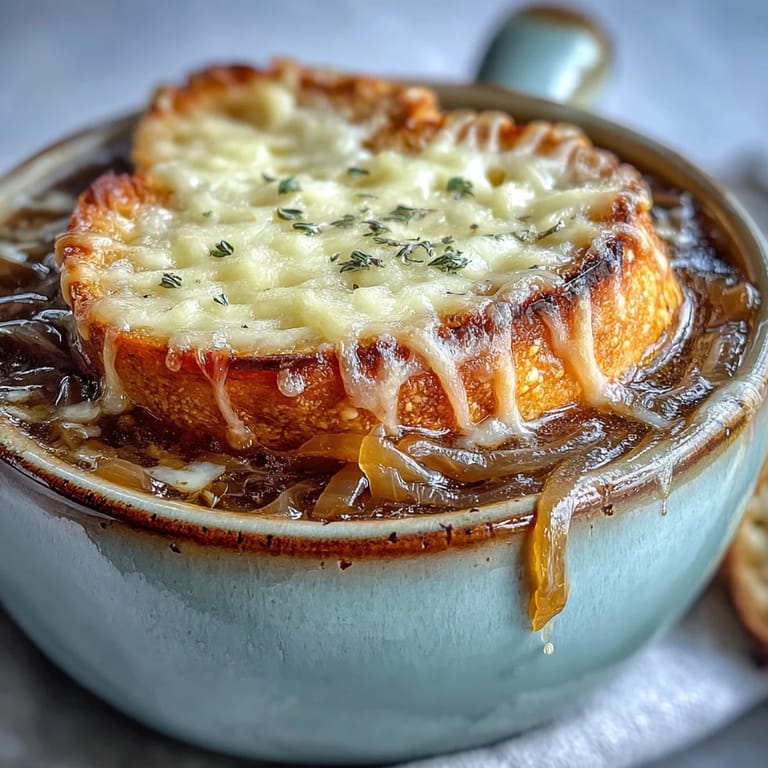 Broiled Classic French Onion Soup in a crock with toasted baguette and thyme, ready to serve.