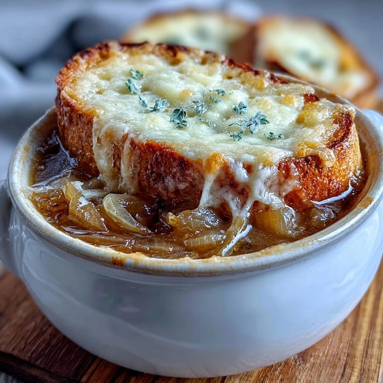 Close-up of Classic French Onion Soup, highlighting the rich, savory broth and melted Gruyère cheese.
