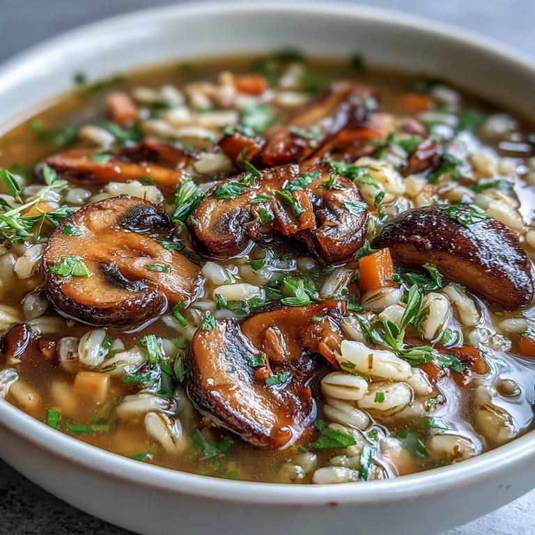 Close-up of Mushroom Barley Soup reveals diced carrots and celery in a thick, herb-infused broth with shiitake mushrooms for robust umami flavor.