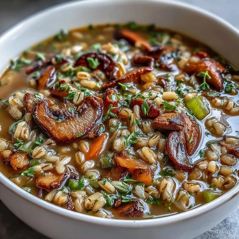 Comforting Mushroom Barley Soup in a rustic bowl, garnished with fresh parsley and ready to serve with crusty rye bread for dipping.