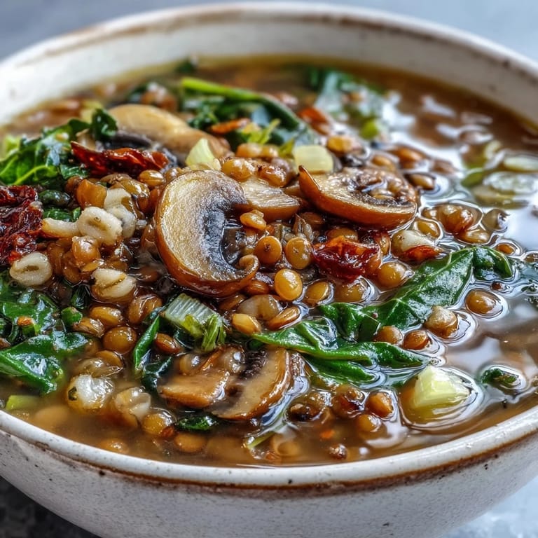 Close-up of hearty Double Lentil and Mushroom Barley Soup in a rustic bowl, highlighting sliced mushrooms, pearl barley, and fresh parsley.
