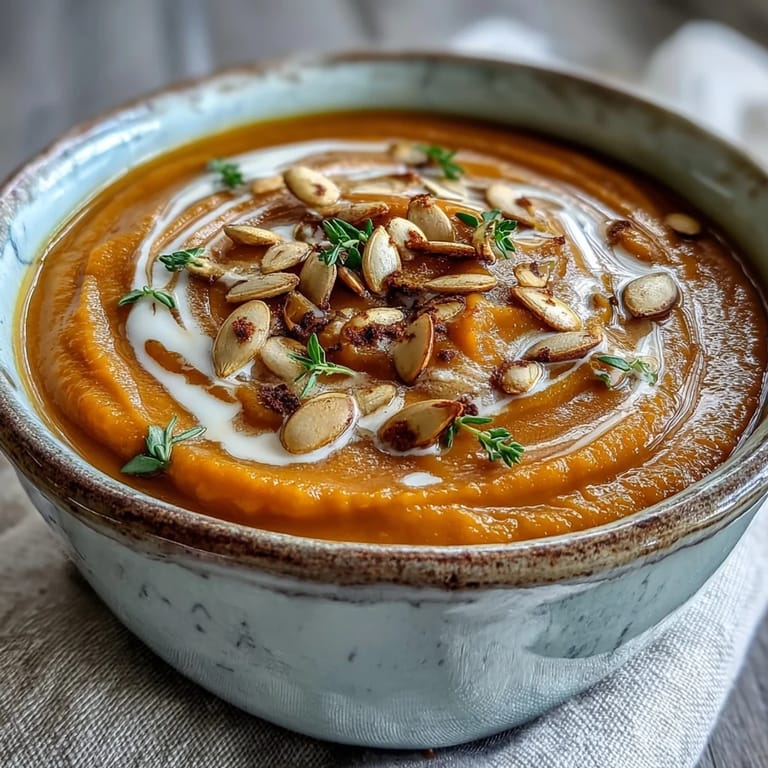 Golden roasted butternut squash soup in a white bowl, perfect for cozy autumn meals.  