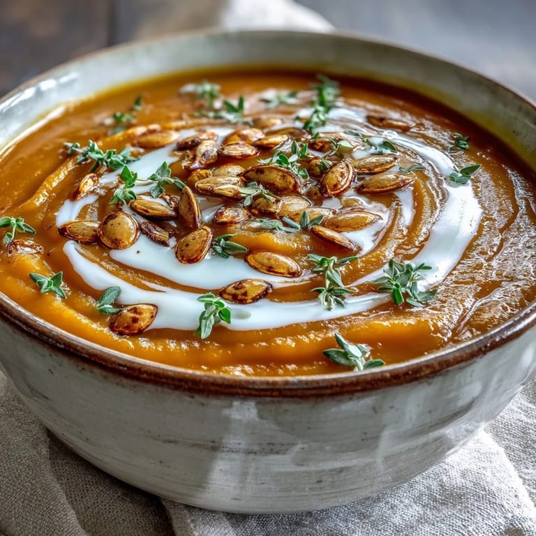 Velvety roasted butternut squash soup with a swirl of cream, served with crusty bread.