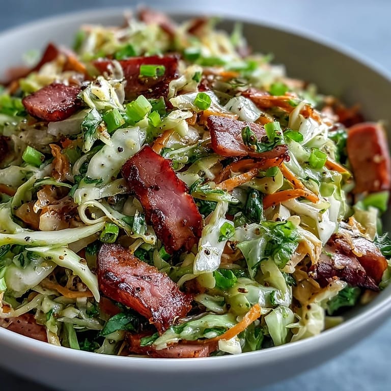 Close-up view of vibrant German Cabbage Coleslaw With Shredded Ham, showing flecks of red onion, grated carrot, and fresh parsley garnish on a rustic serving platter.