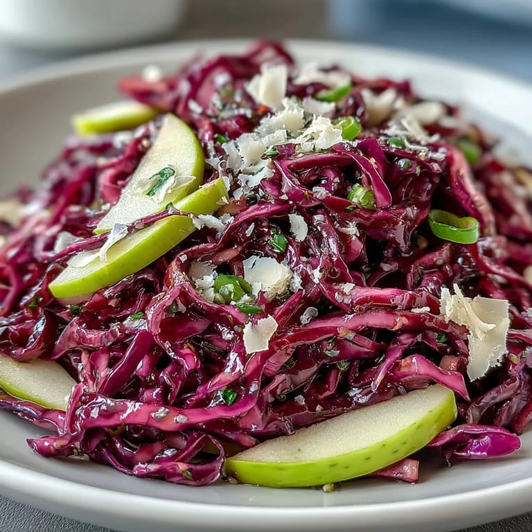 Freshly tossed Red Cabbage Coleslaw With Apple and Parmesan, with a tangy vinaigrette glistening on colorful, crunchy salad ingredients.  