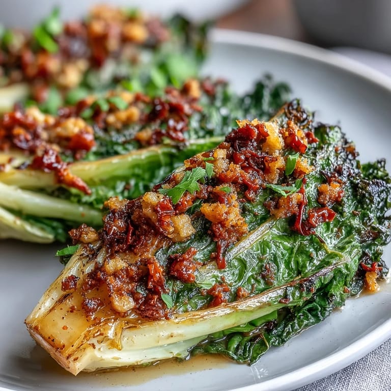 Hearty Baked Cabbage Salad With Winter Romesco served warm on a plate, garnished with parsley, walnuts, and bright lemon wedges.