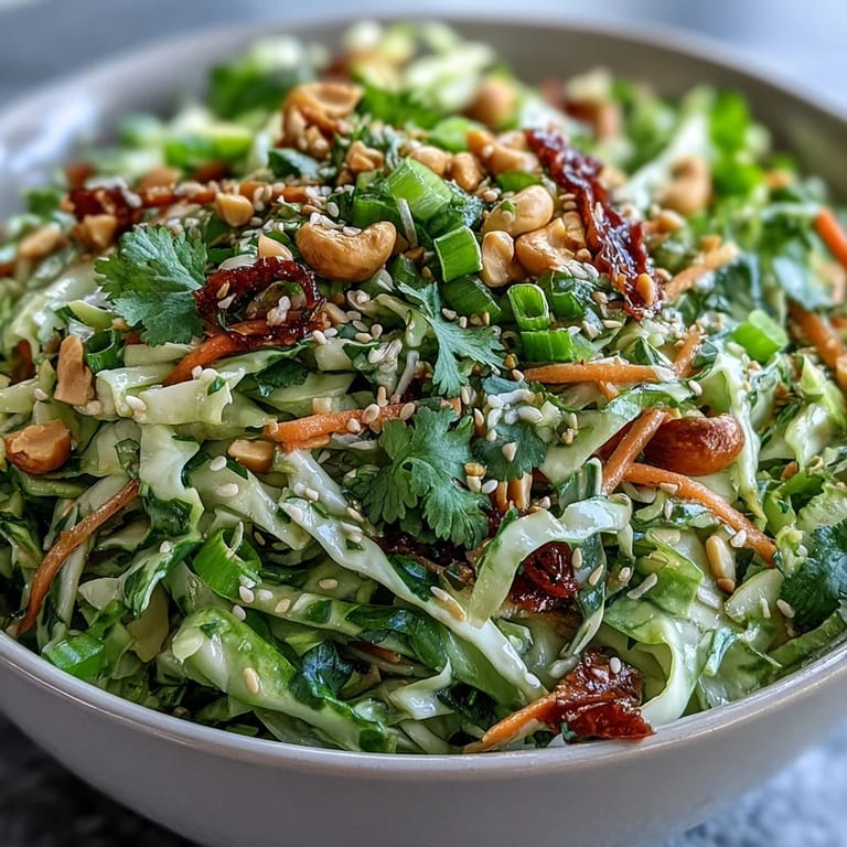 Close-up of Asian Cabbage Salad topped with roasted peanuts and toasted sesame seeds, served in a rustic white bowl.