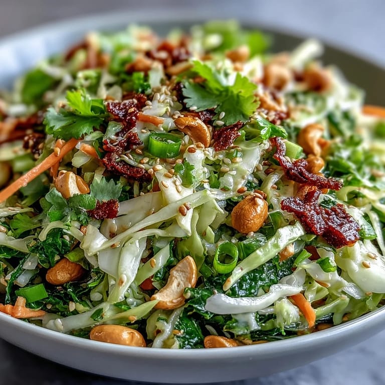 Freshly prepared Asian Cabbage Salad with crisp vegetables and herbs, ideal for pairing with grilled chicken or tofu.