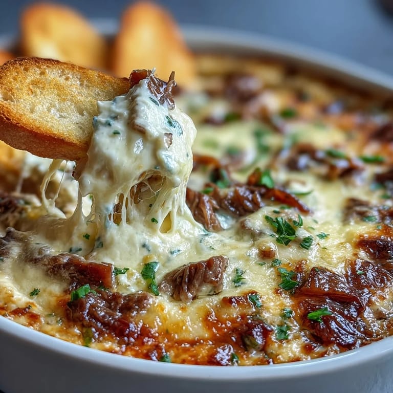 Rich, gooey Philly Cheesesteak Dip in a casserole dish, garnished with fresh parsley, alongside sturdy tortilla chips for a party appetizer.