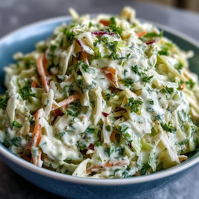Fresh, crunchy coleslaw with cabbage and carrots tossed in creamy dressing, ready for a barbecue plate or potluck.