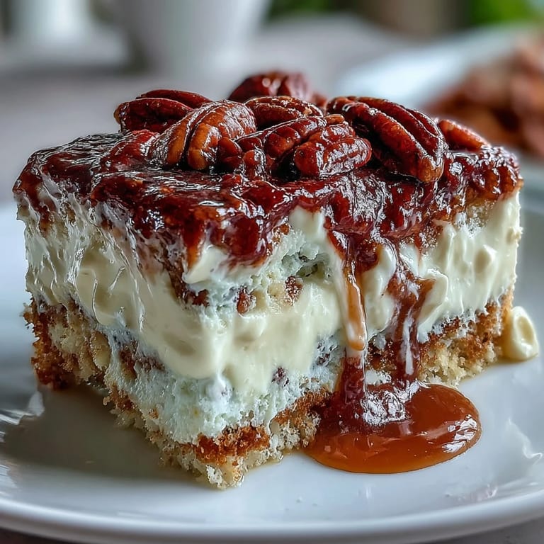 Slice of moist Butter Pecan Tres Leches Cake revealing creamy milk soak, crowned with caramelized pecans and sweet vanilla whipped cream for dessert.