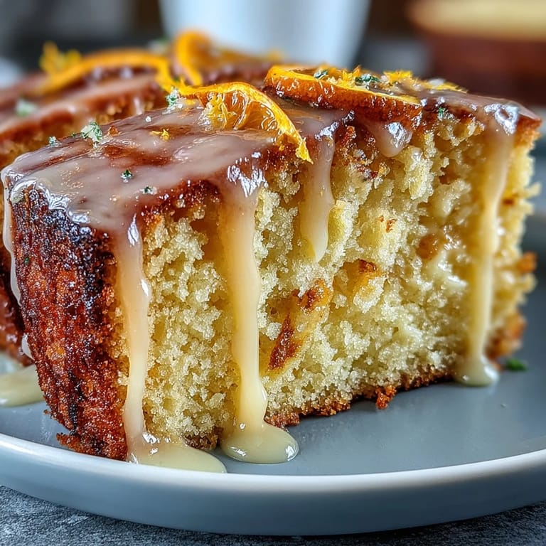 A generous drizzle of luscious citrus icing cascades down the golden-baked Heavenly Blood Orange Yogurt Cake, ready to slice.