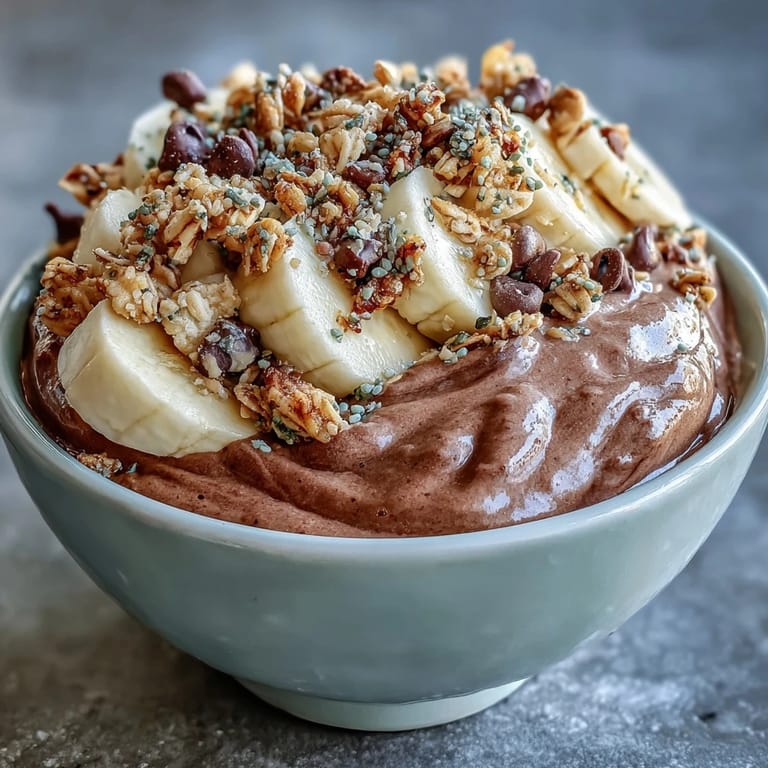 A thick and creamy chocolate peanut butter smoothie bowl garnished with crunchy toppings and a drizzle of maple syrup.