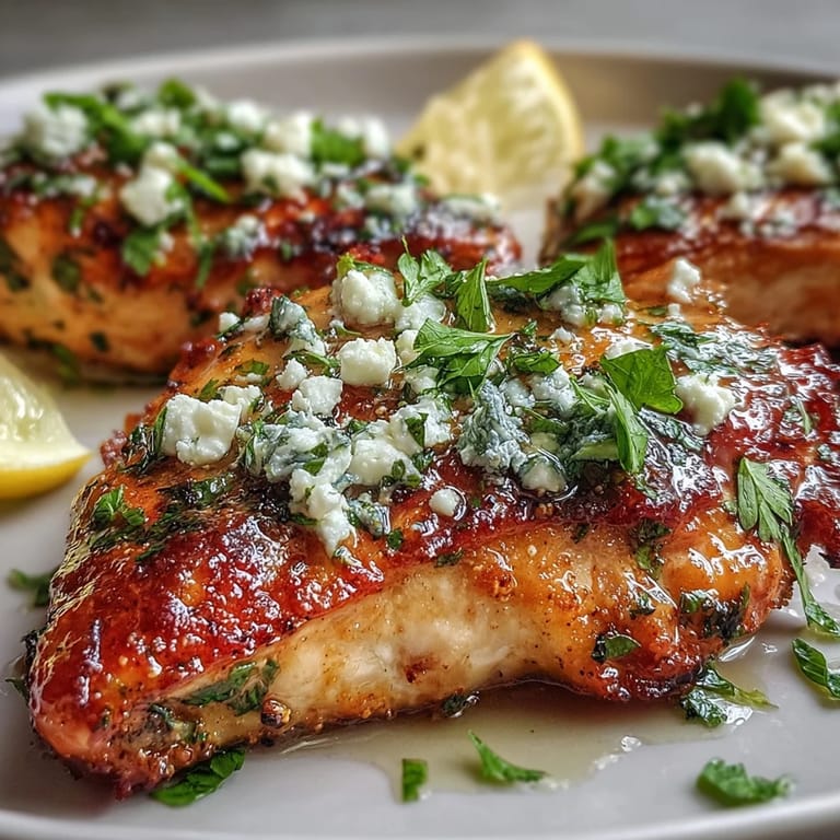 Tender Greek Chicken with Lemon and Feta plated with a fresh Greek salad on the side.