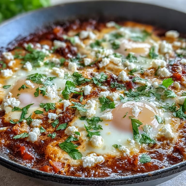 An overhead view of a rustic skillet Shakshuka Bowl, its red sauce bubbling with eggs and peppers alongside a basket of pita.