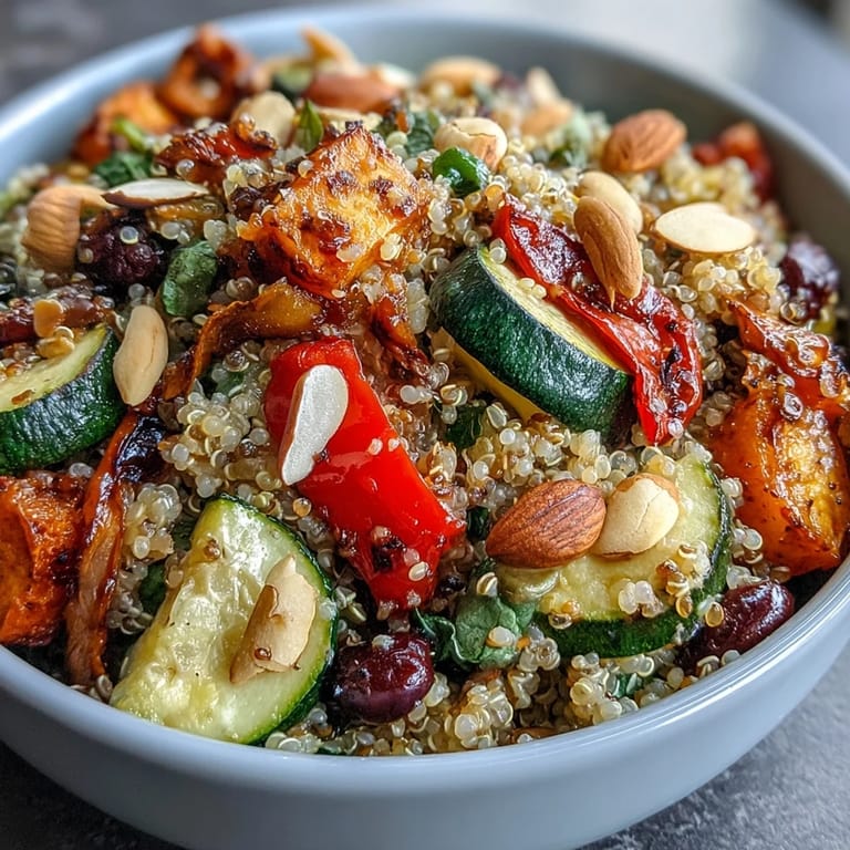 A fresh Veggie and Quinoa Power Bowl drizzled with zesty lemon vinaigrette, served alongside pumpkin seeds for extra crunch.