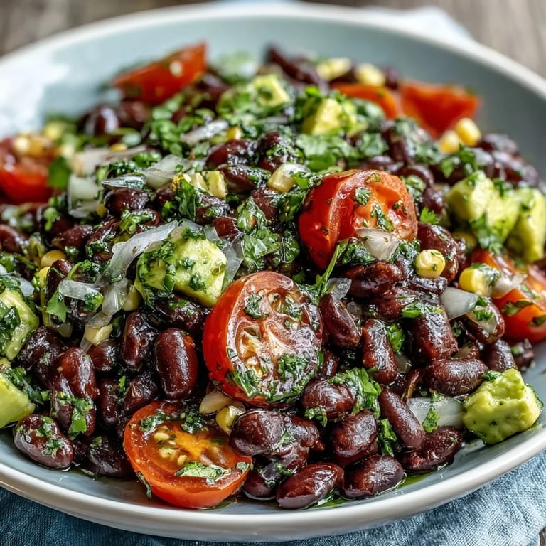 A nutritious Black Bean and Veggie Bowl topped with corn, diced avocado, and herbs, served with lime dressing on the side.