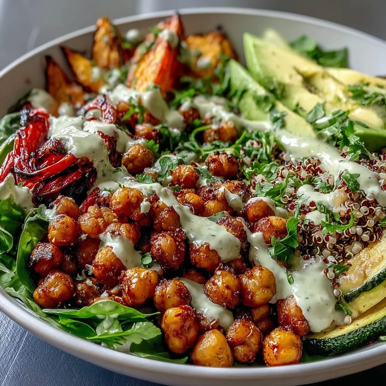 Golden roasted chickpeas and colorful vegetables top a hearty grain base in this nourishing Roasted Chickpea Power Bowl.