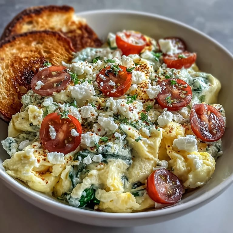 Spinach and Feta Breakfast Bowl served with golden toasted whole grain bread, perfect for a healthy Mediterranean-inspired morning meal.