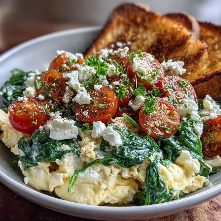 A hearty vegetarian Spinach and Feta Breakfast Bowl featuring creamy eggs, fresh cherry tomatoes, and crumbled feta cheese garnish.