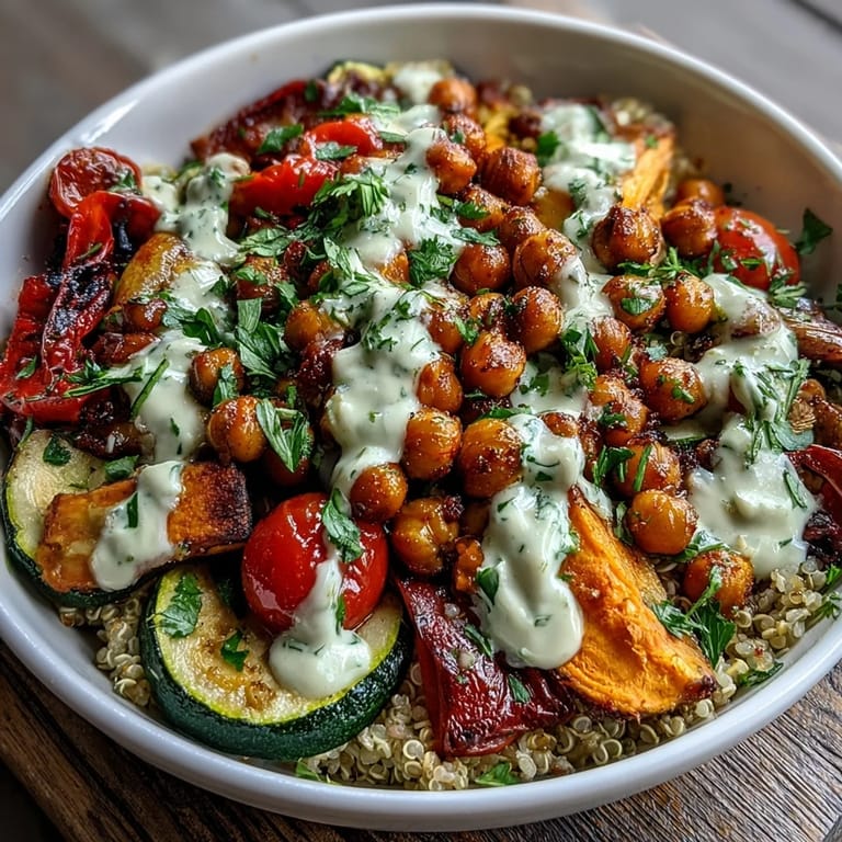 Close-up of a Chickpea Power Bowl highlighting creamy tahini drizzle, fresh herbs, and toasted pumpkin seeds over roasted vegetables.