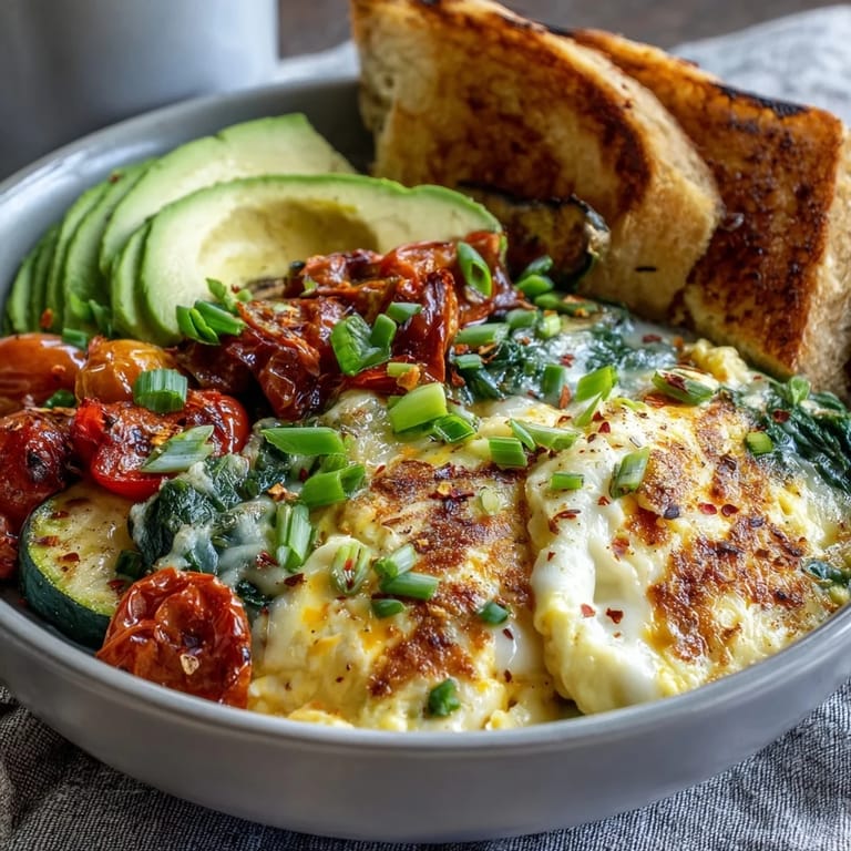Freshly sautéed red bell pepper, zucchini, and spinach mingle with soft eggs in this nutritious Scrambled Egg and Veggie Bowl, ready in 20 minutes.