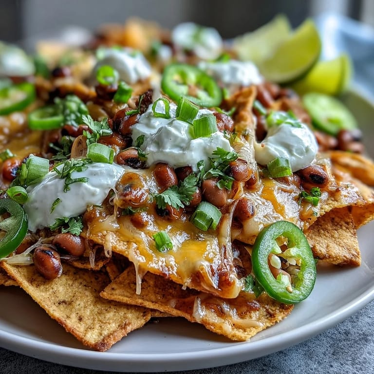 Golden tortilla chips loaded with hearty black-eyed peas, diced tomatoes, and green onions, served with lime wedges for a zesty finish. 