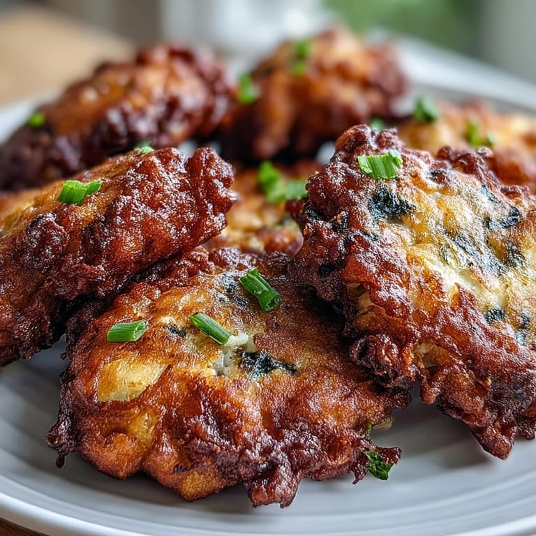 Close-up of crispy Black-Eyed Pea Fritters highlighting their golden-brown texture and flecks of onion.