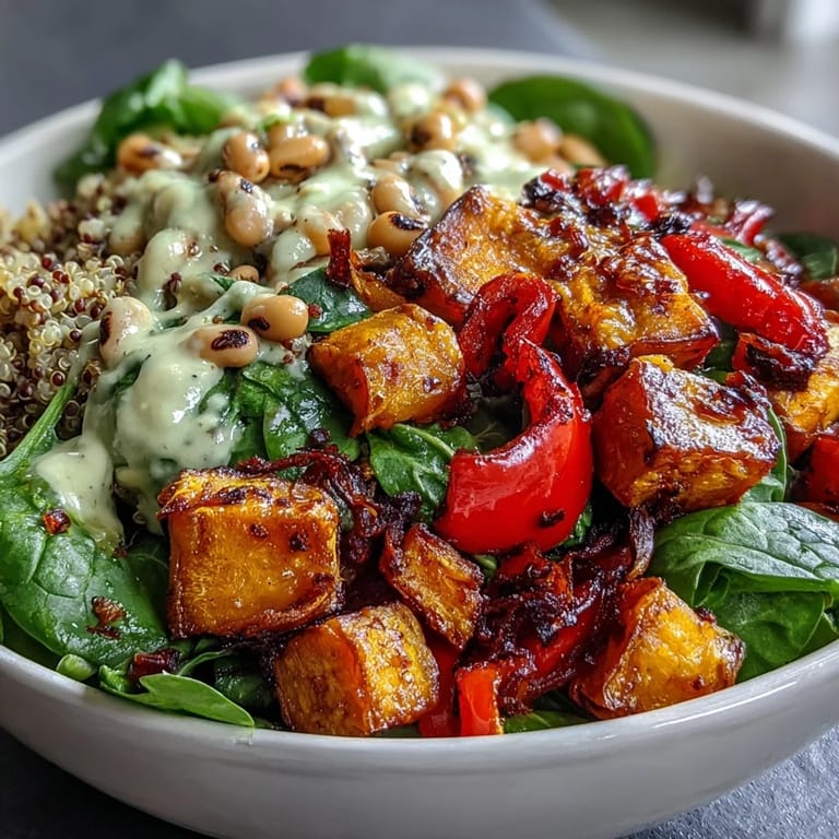 Colorful roasted vegetables and warm spiced black-eyed peas are arranged over fluffy quinoa, garnished with avocado and herbs in this Buddha Bowl.